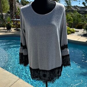 Gray Sweater Blouse with Black Lace Trim